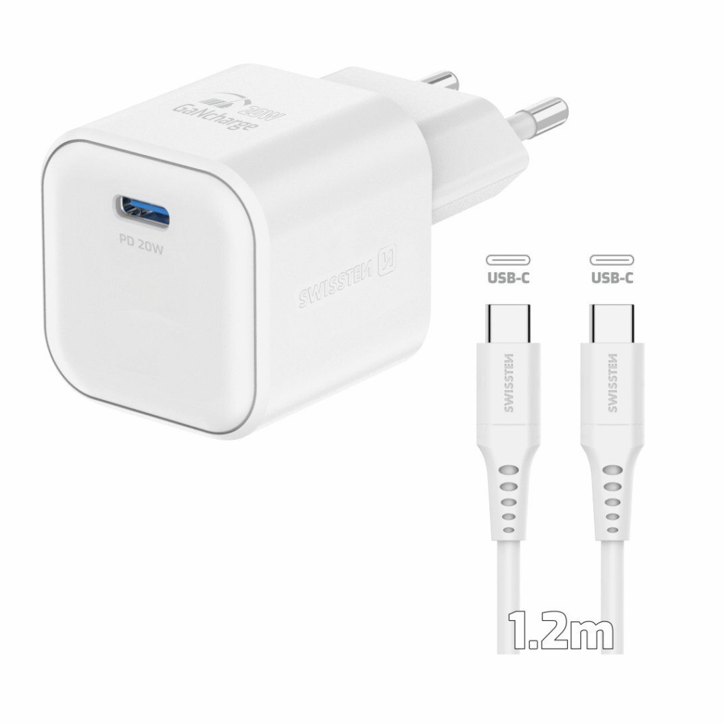Karikues SWISSTEN, GaN 1x USB-C, 20W PD, me kabllo Type-C/Type-C, I bardhë