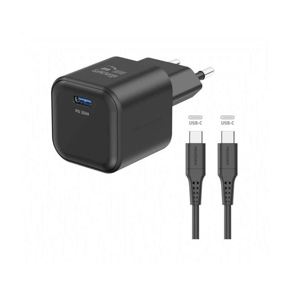 Karikues SWISSTEN, GaN 1x USB-C, 20W PD, me kabllo Type-C/Type-C, I zi