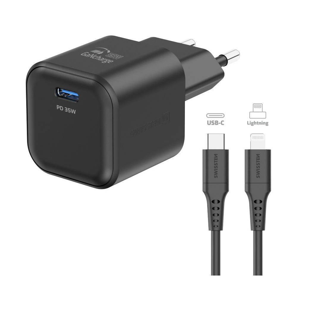 SWISSTEN Karikues GaN 1x USB-C, 35W POWER DELIVERY + Kabllo USB-C/LIGHTNING 1,2M