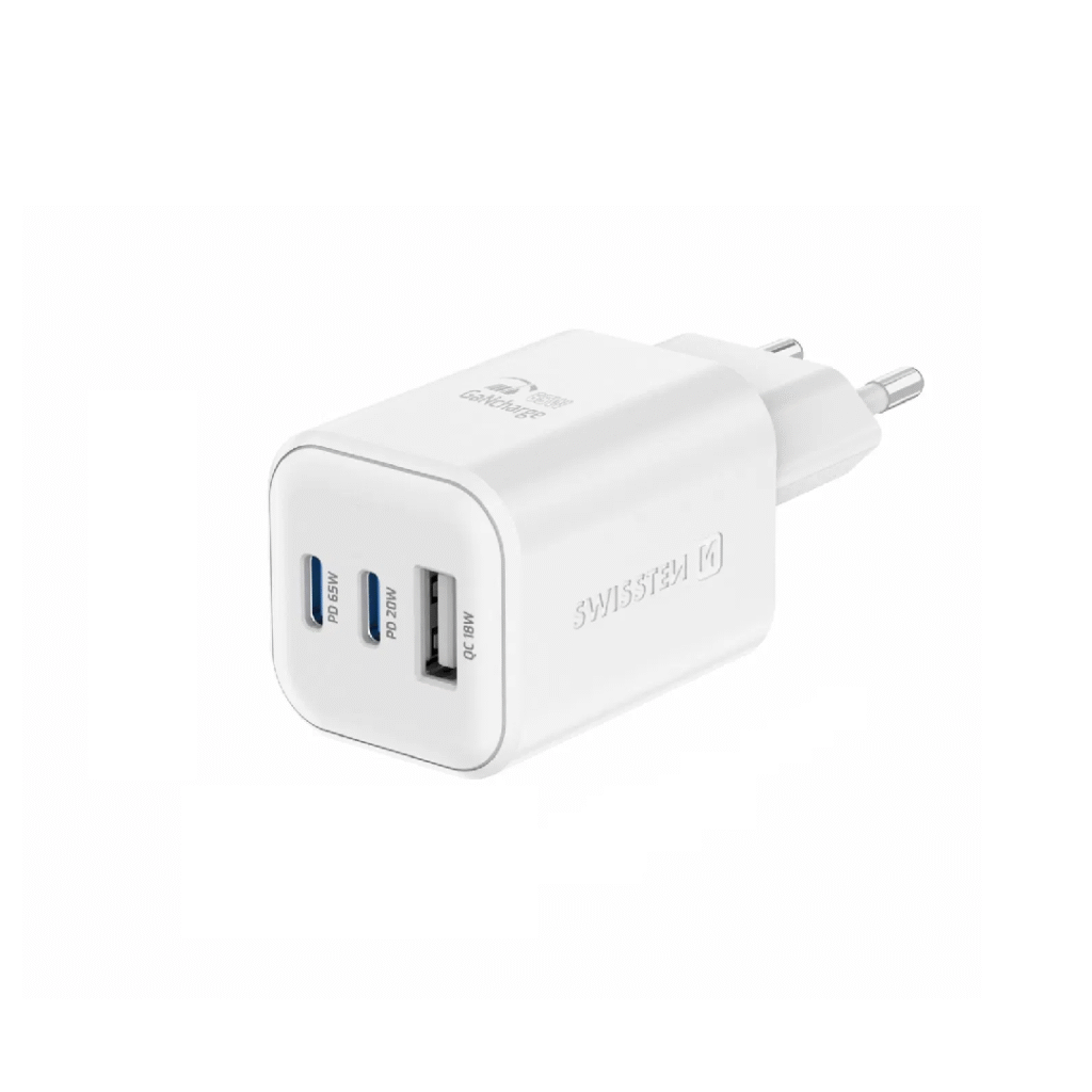 Karikues SWISSTEN, GaN 2x USB-C, 65W PD + 1x USB-A 18W, QC, i bardhë