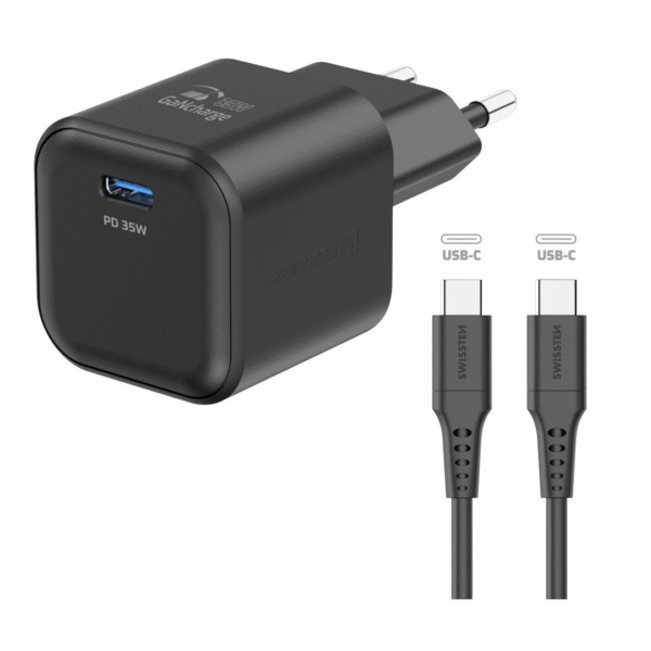 SWISSTEN Karikues GaN 1x USB-C, 35W POWER DELIVERY + KABLLO USB-C/USB-C 1,2 M