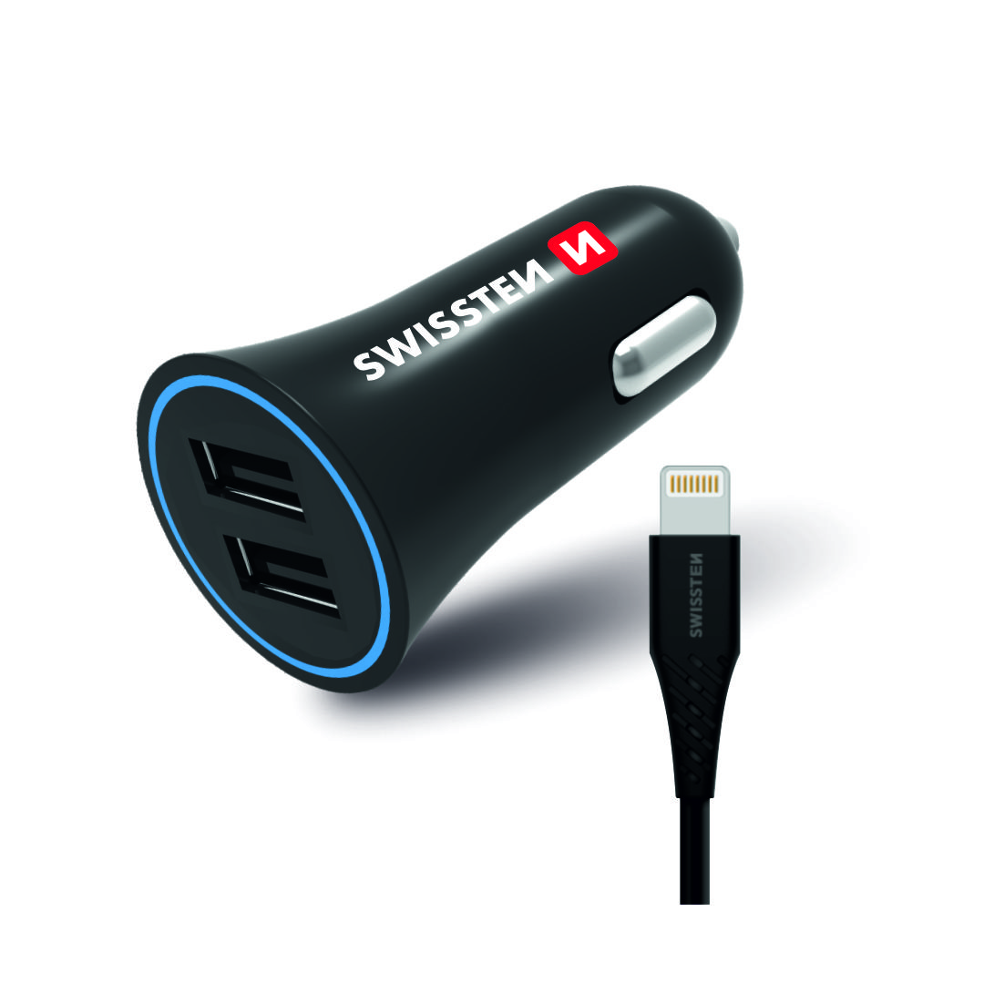Karikues makine Swissten, 2.4A , 2x USB+kabllo 1.5m Lightning, e zezë