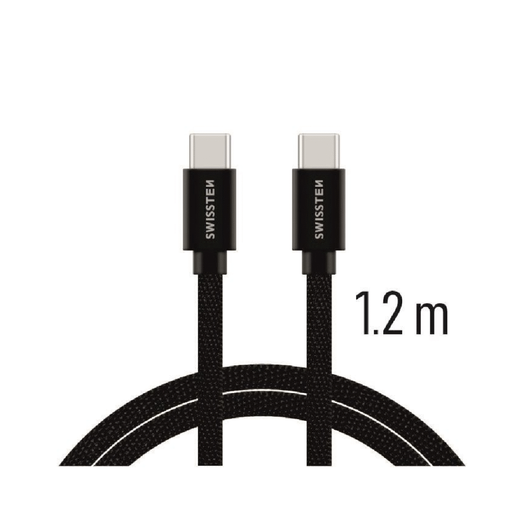 Kabllo tekstili Swissten USB-C / USB-C, 1.2m, e zezë